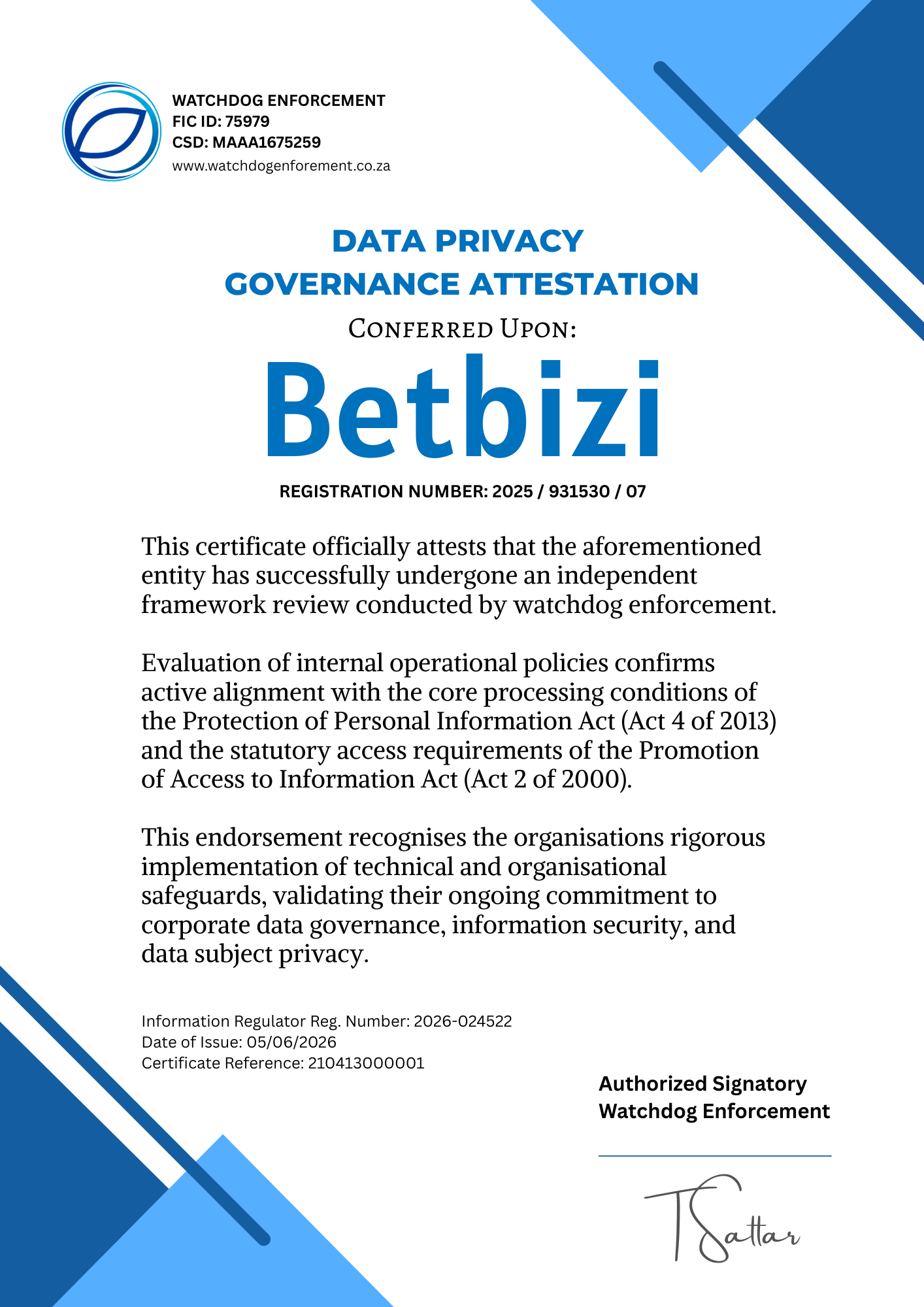 Betbizi Information Regulator Certificate